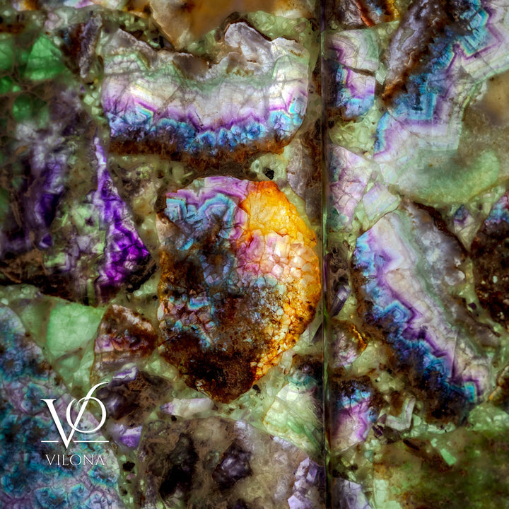 Fluorite crystal wall panel with iridescent mosaic swirls and layered color bands