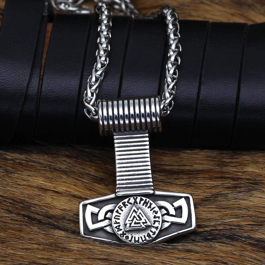 Stainless steel shield pendant necklace with ribbed bail and valknut emblem