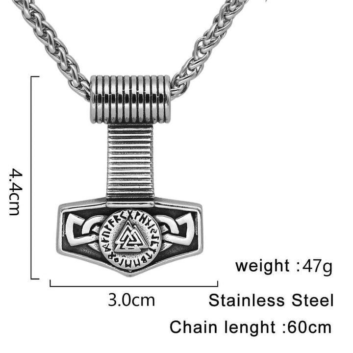 Stainless steel pendant necklace with ribbed bail and valknut shield emblem, front view