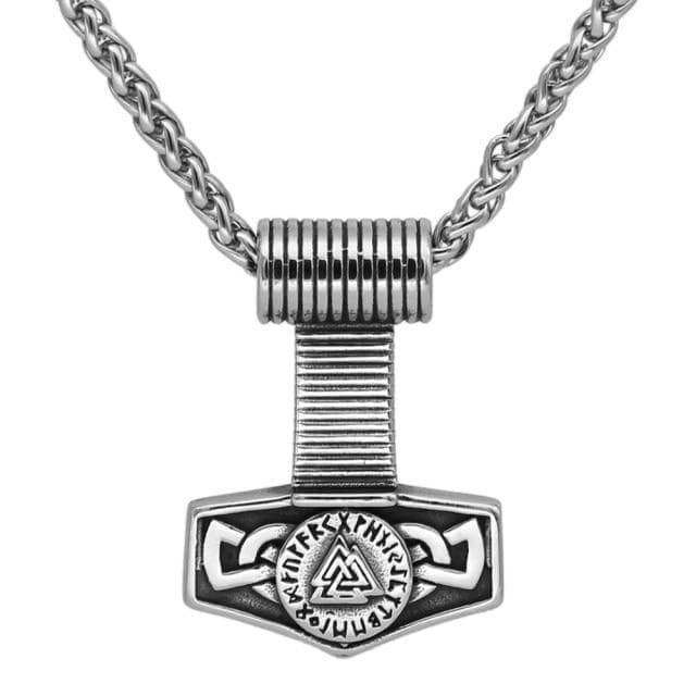 Stainless steel pendant necklace with ribbed bail and valknut emblem on shield pendant