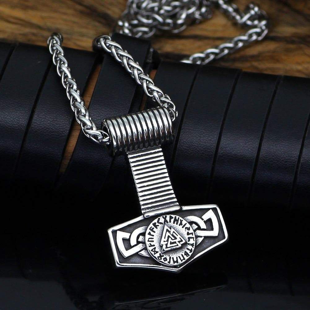 Stainless steel chain necklace with shield pendant showing valknut symbol