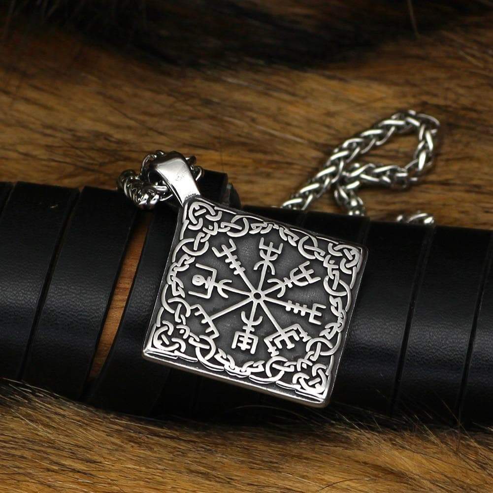 Close-up stainless steel Vegvisir diamond pendant with engraved runes and chain