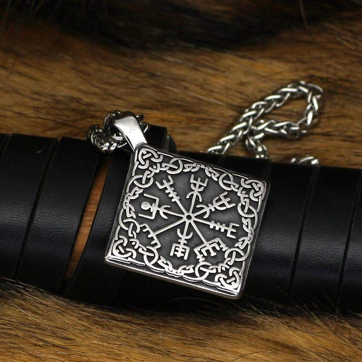 Close-up stainless steel Vegvisir diamond pendant with engraved runes and chain