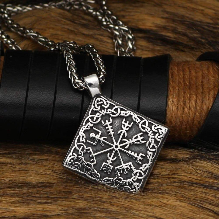 Stainless steel Vegvisir pendant necklace with diamond pendant and silver-toned chain