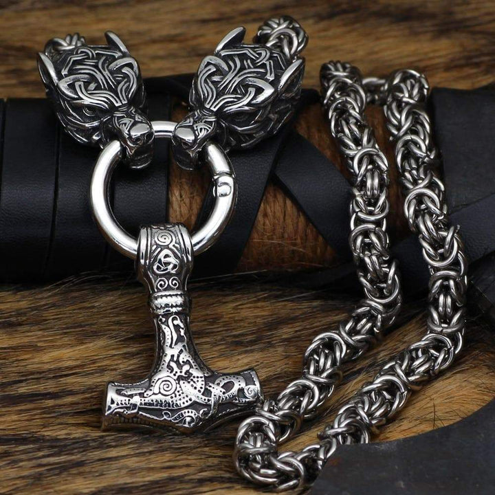 Stainless steel chain necklace with wolf-head clasp and hammer pendant, silver finish