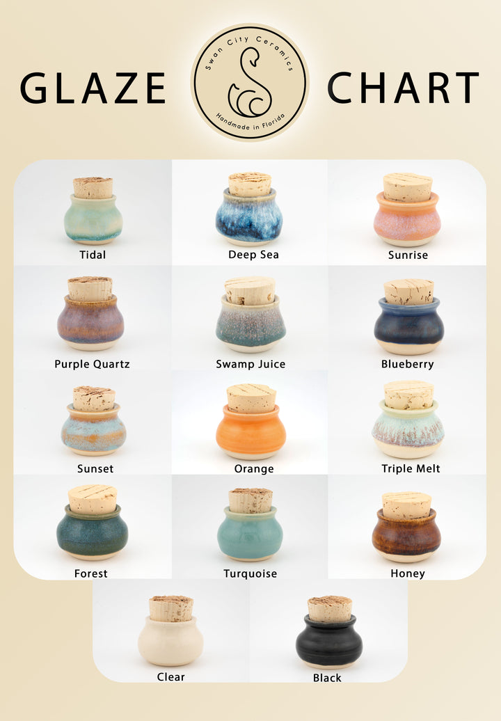 Glaze color chart with small turquoise ceramic matcha bowls and whisk holders