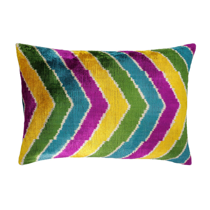 Silk velvet ikat pillow cover with multicolor chevron stripes, 16x24 rectangle