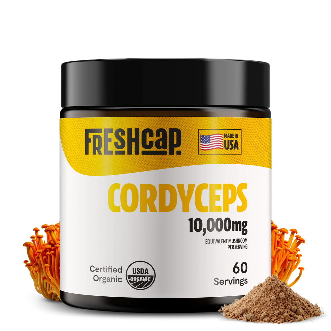 Freshcap cordyceps mushroom extract powder jar with black lid, USA badge, 60 servings