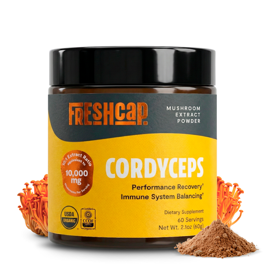 Freshcap Cordyceps mushroom extract powder jar with black lid and yellow label