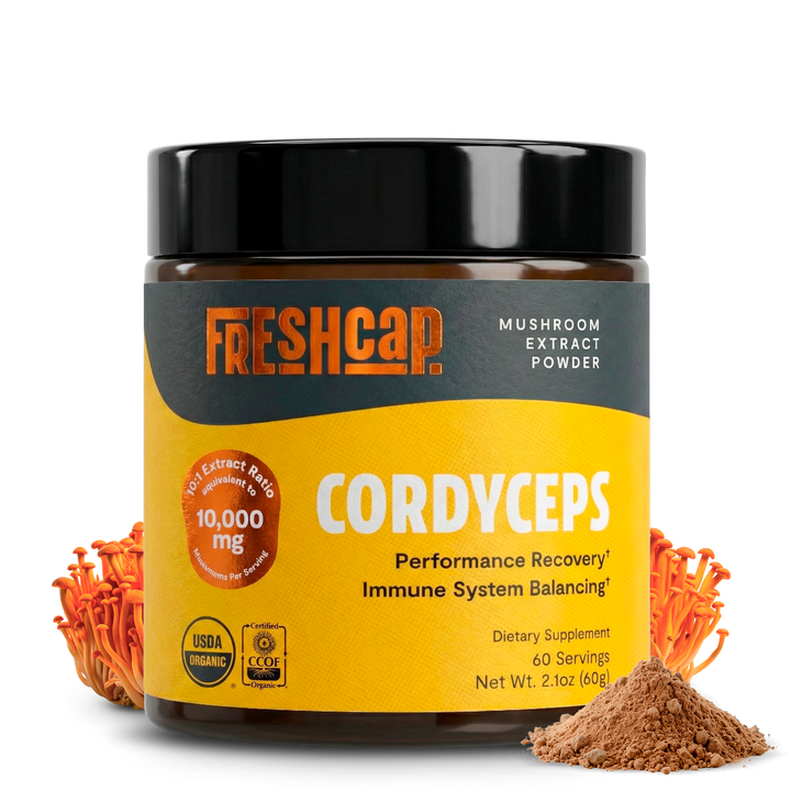 Freshcap Cordyceps mushroom extract powder jar with black lid and yellow label