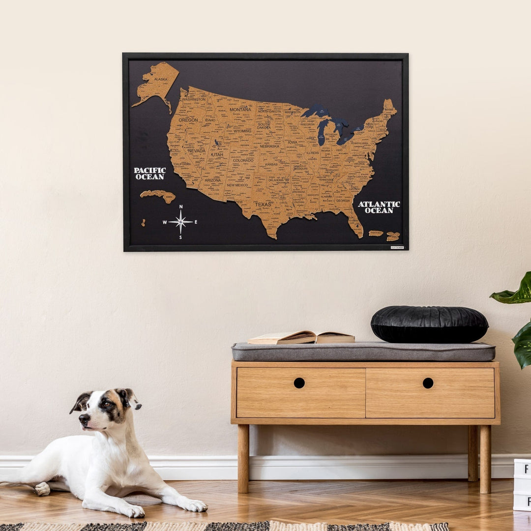 Cork USA map board with black frame, wall-mounted
