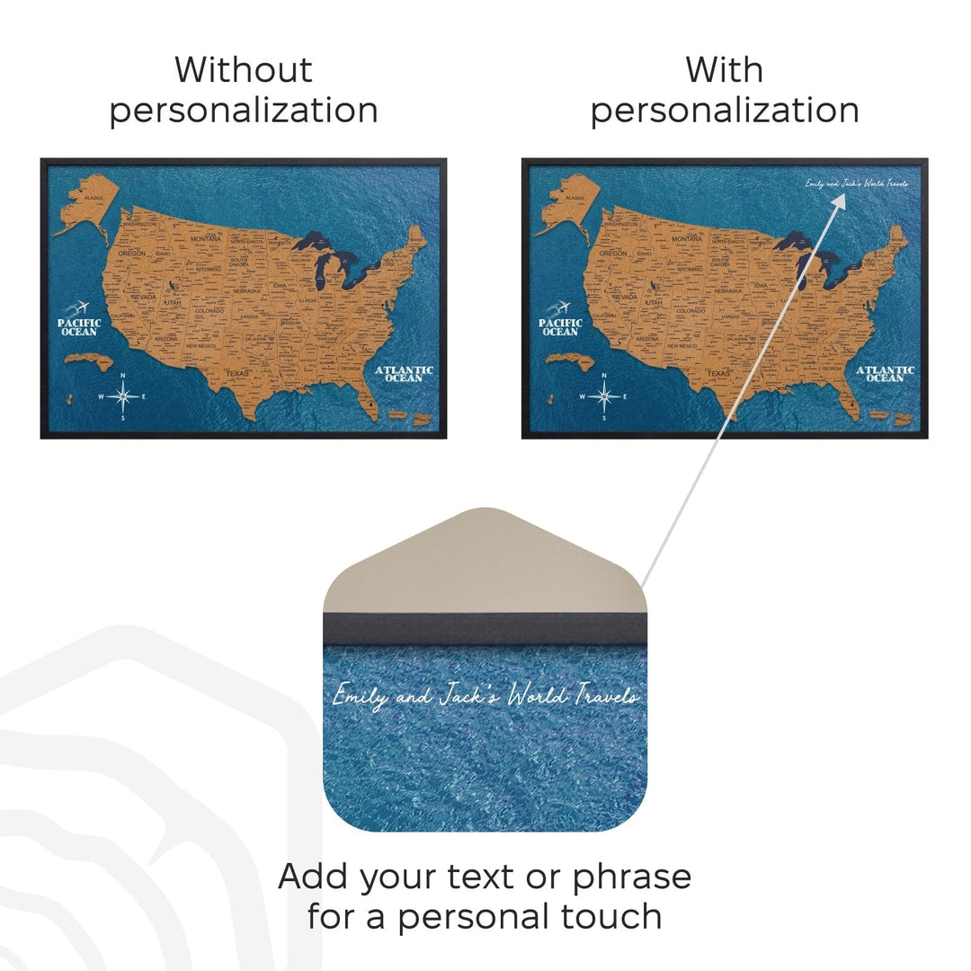 Cork USA map board with optional personalized text placement