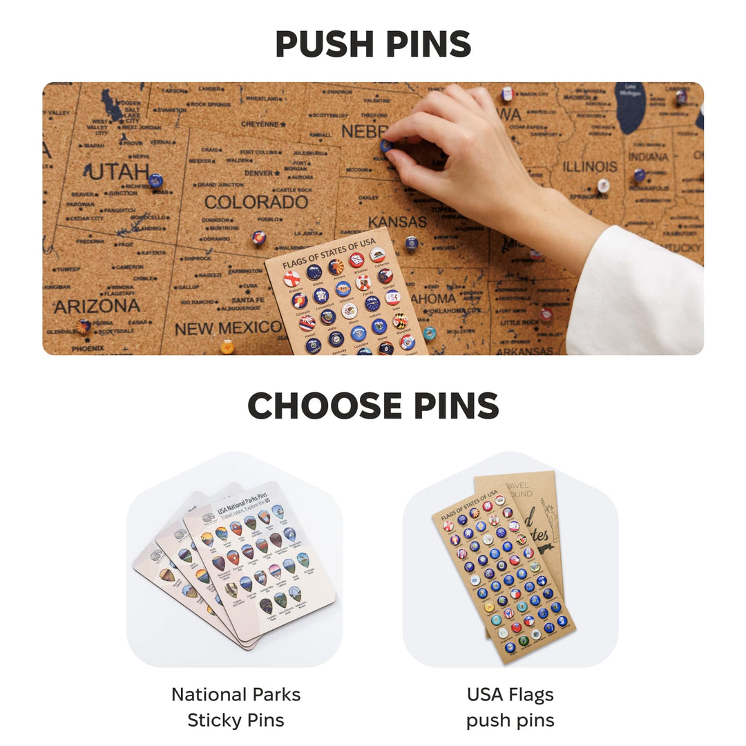 Cork USA map board with push pins, hand placing a pin on map