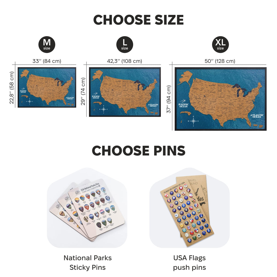 Cork USA map board size guide with push pin sets shown