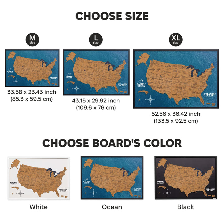 Cork USA map board size and board color options in White, Ocean, Black
