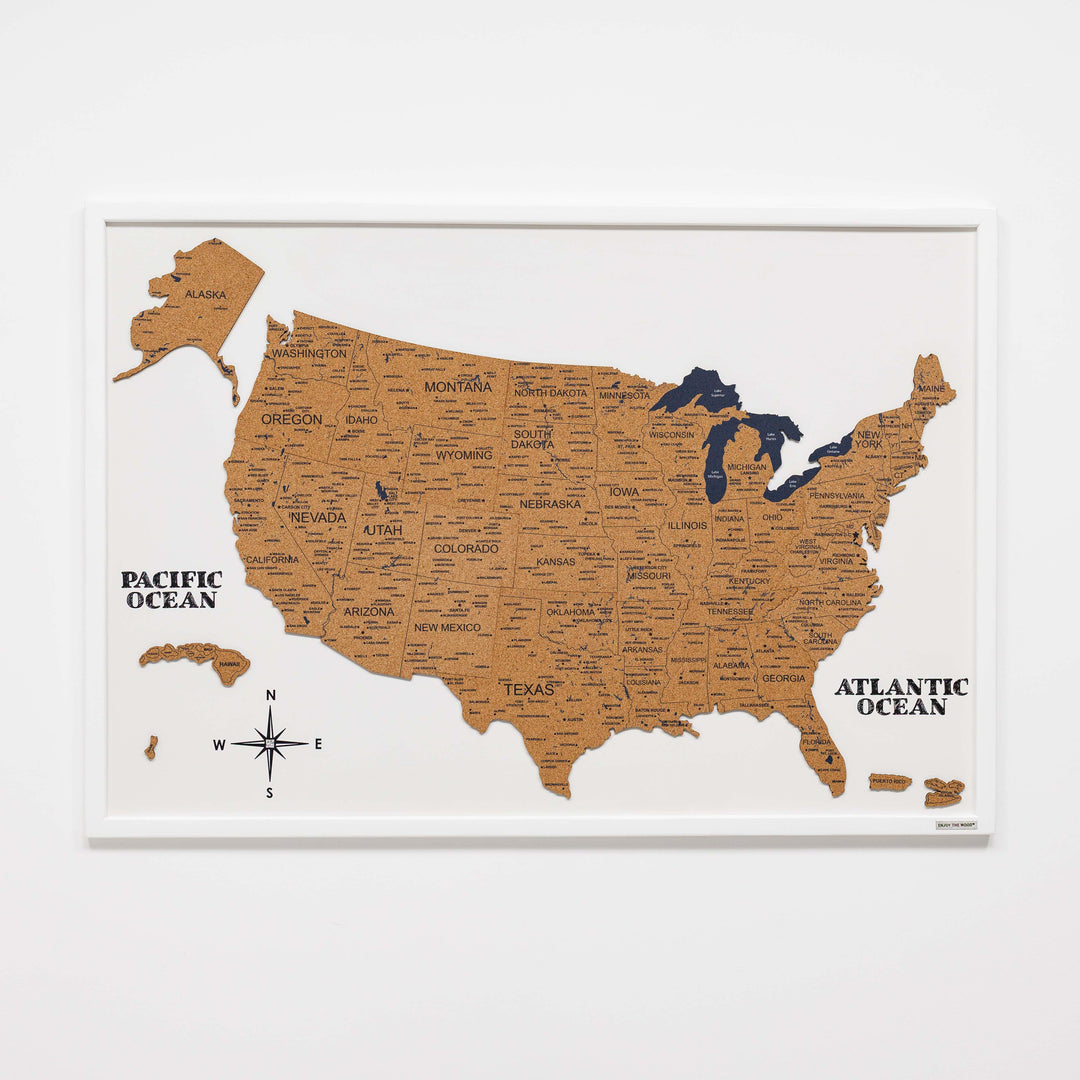 Framed cork USA map with push pins, Pacific Ocean and Atlantic Ocean labels