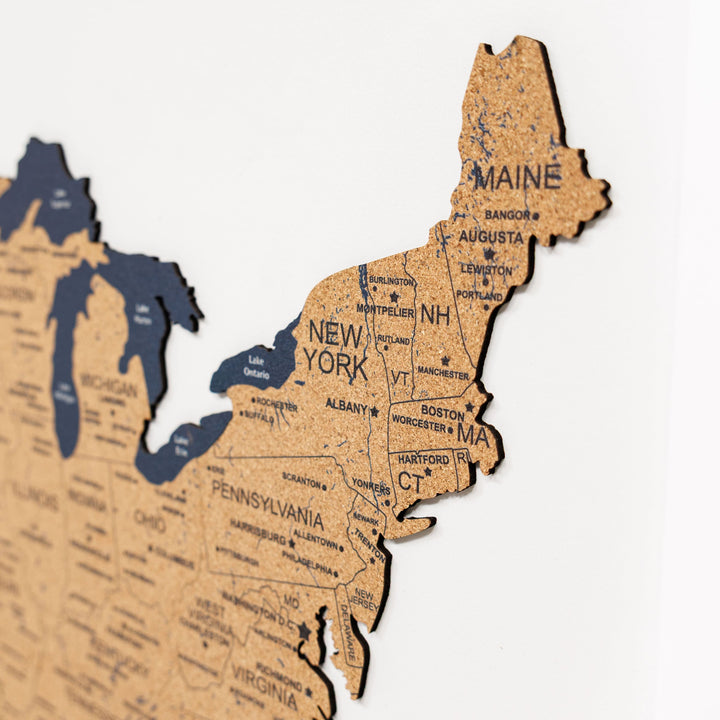 Close-up of the northeastern United States on a cork USA map with push pins