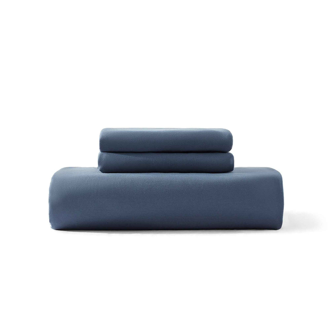 Cotton jersey duvet cover set in dark blue, folded with top flap