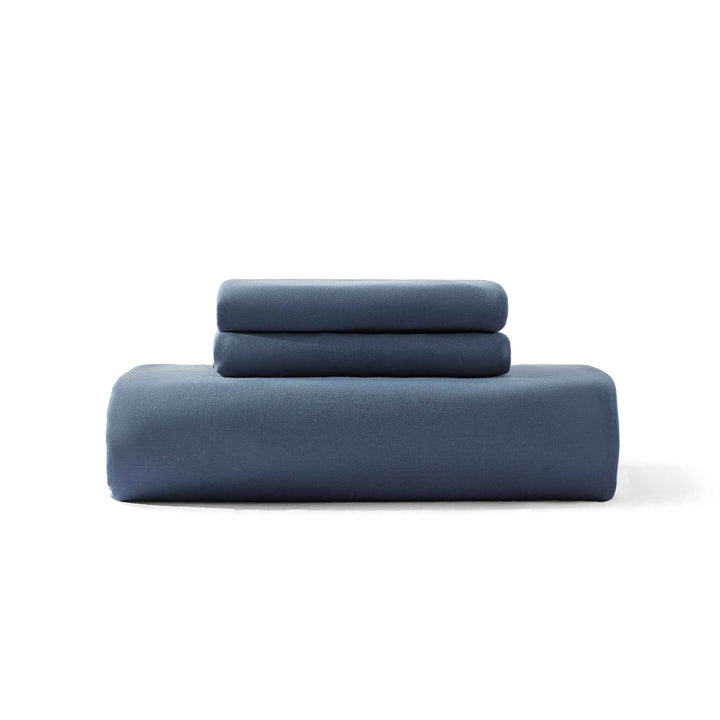 Cotton jersey duvet cover set in dark blue, folded with top flap