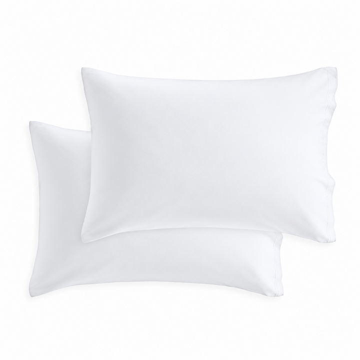 Cotton jersey pillowcase set in white, with two matching rectangular pillows