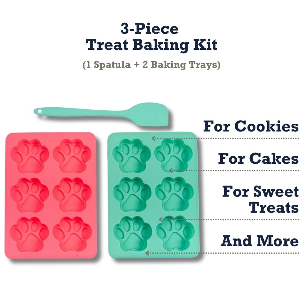 3-piece dog treat baking kit with turquoise spatula and red and green paw-mold trays