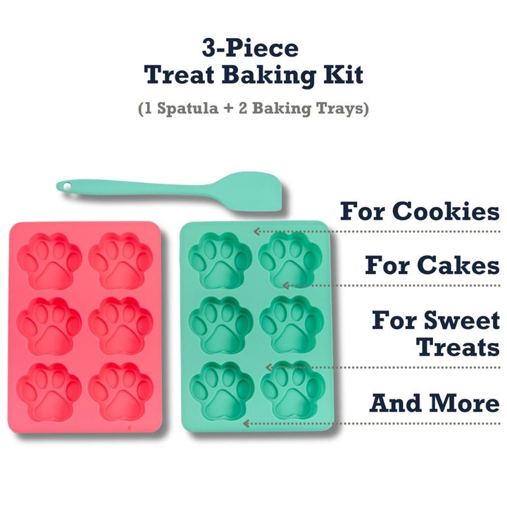 3-piece dog treat baking kit with turquoise spatula and red and green paw-mold trays
