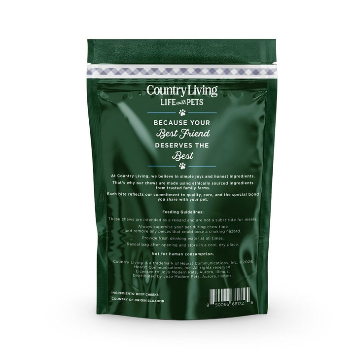 Country Living beef cheek dog chews bag back panel with feeding and ingredient details