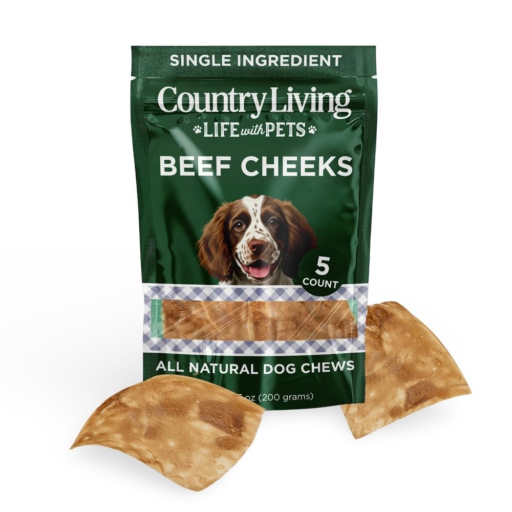 Country Living beef cheek dog chews, 5-count bag with chew pieces