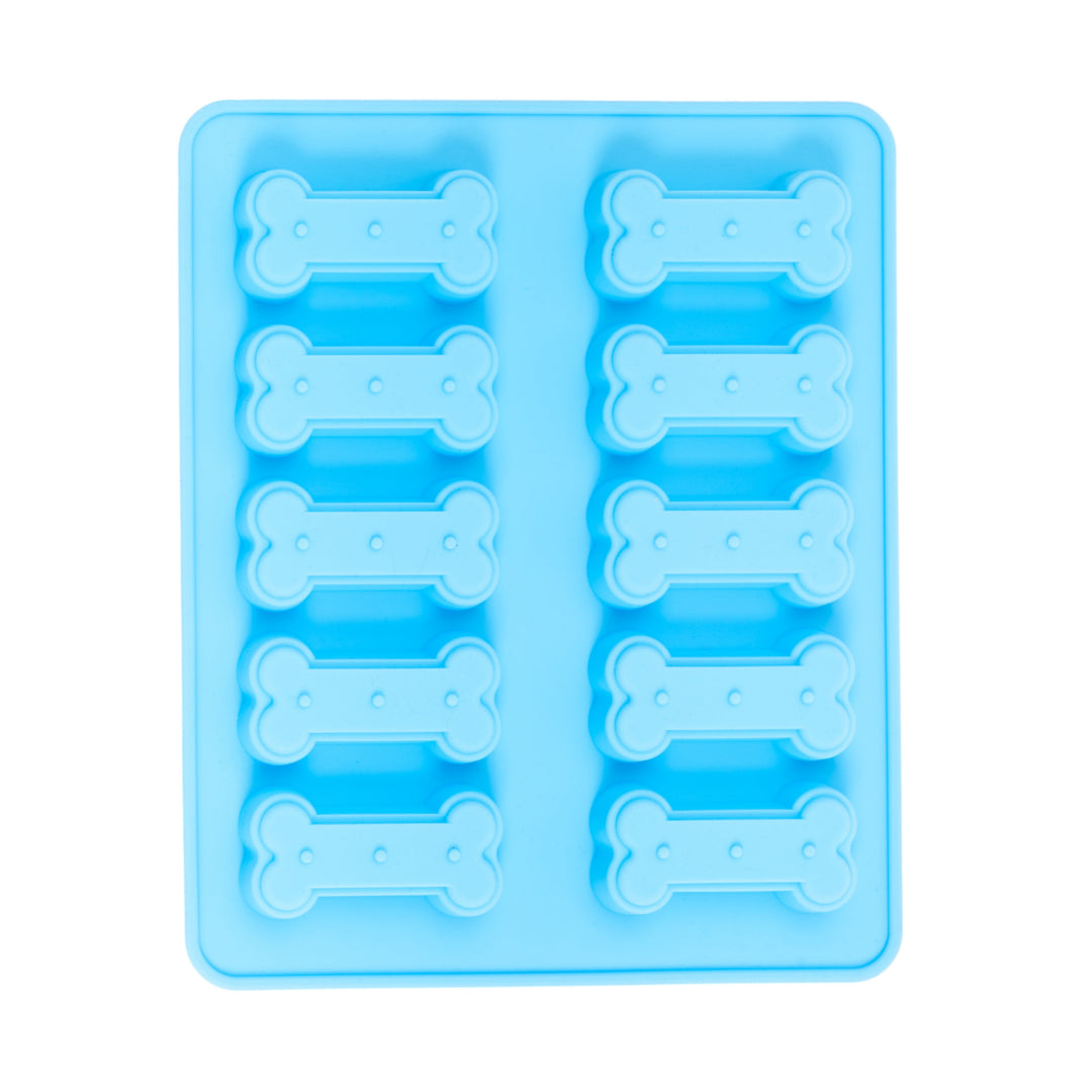 Blue silicone bone treat mold tray with 10 bone-shaped cavities, front view