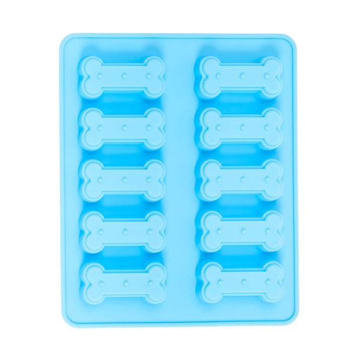 Blue silicone bone treat mold tray with 10 bone-shaped cavities, front view