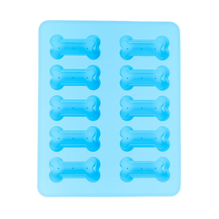Blue silicone bone treat mold tray showing 10 bone cavities in a grid
