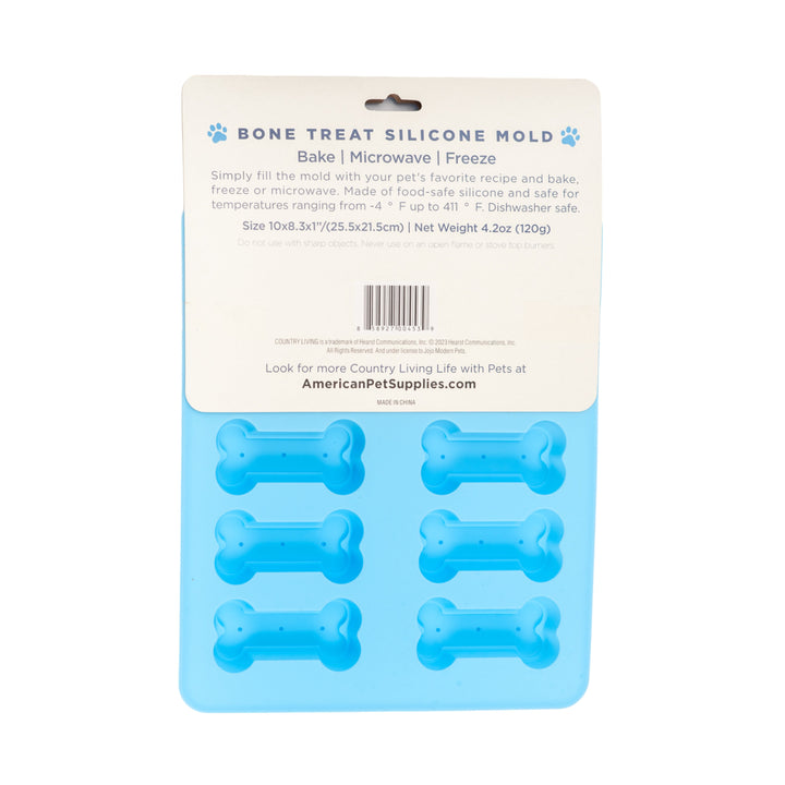Blue silicone bone treat mold tray with back label and 10 bone cavities