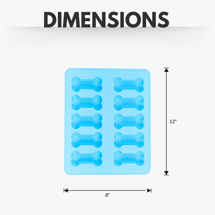 Blue silicone bone-shaped baking tray with size guide showing 8 by 12 inches