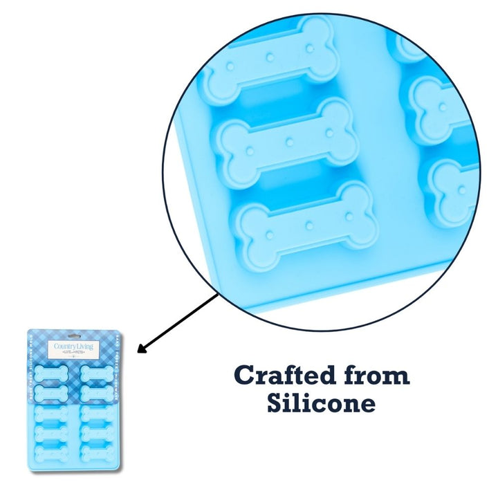 Blue silicone bone-shaped tray with close-up view of raised bone mold details