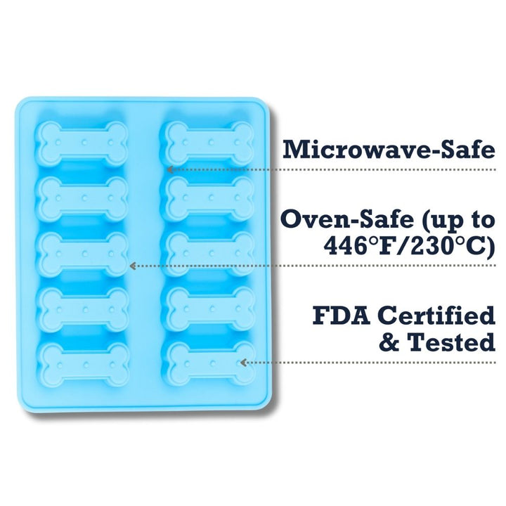 Blue silicone baking tray with bone cavities, microwave-safe and oven-safe