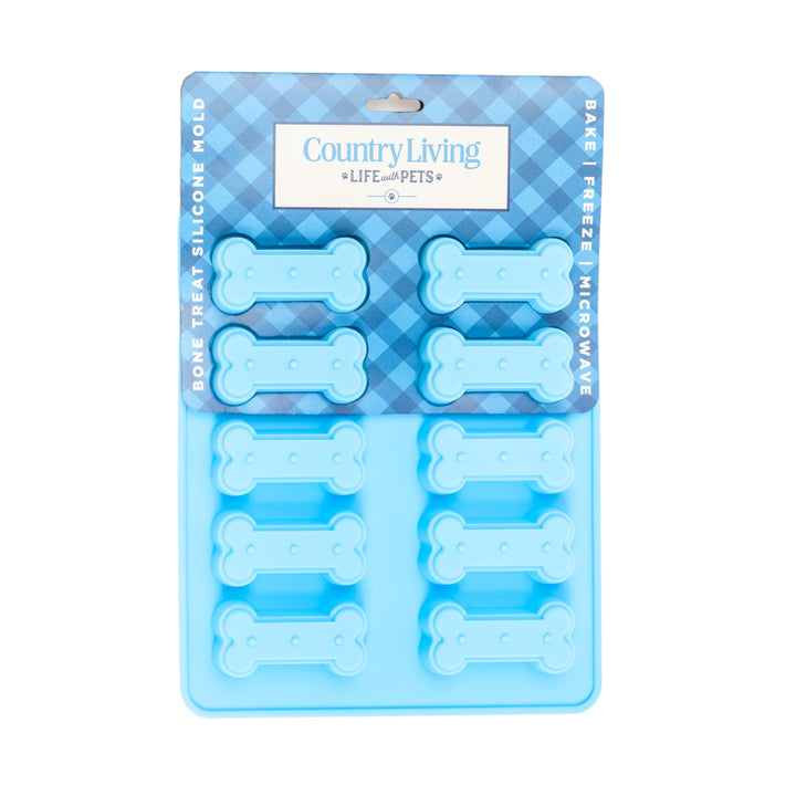 Blue silicone bone-shaped baking tray with 10 cavities and notched edges