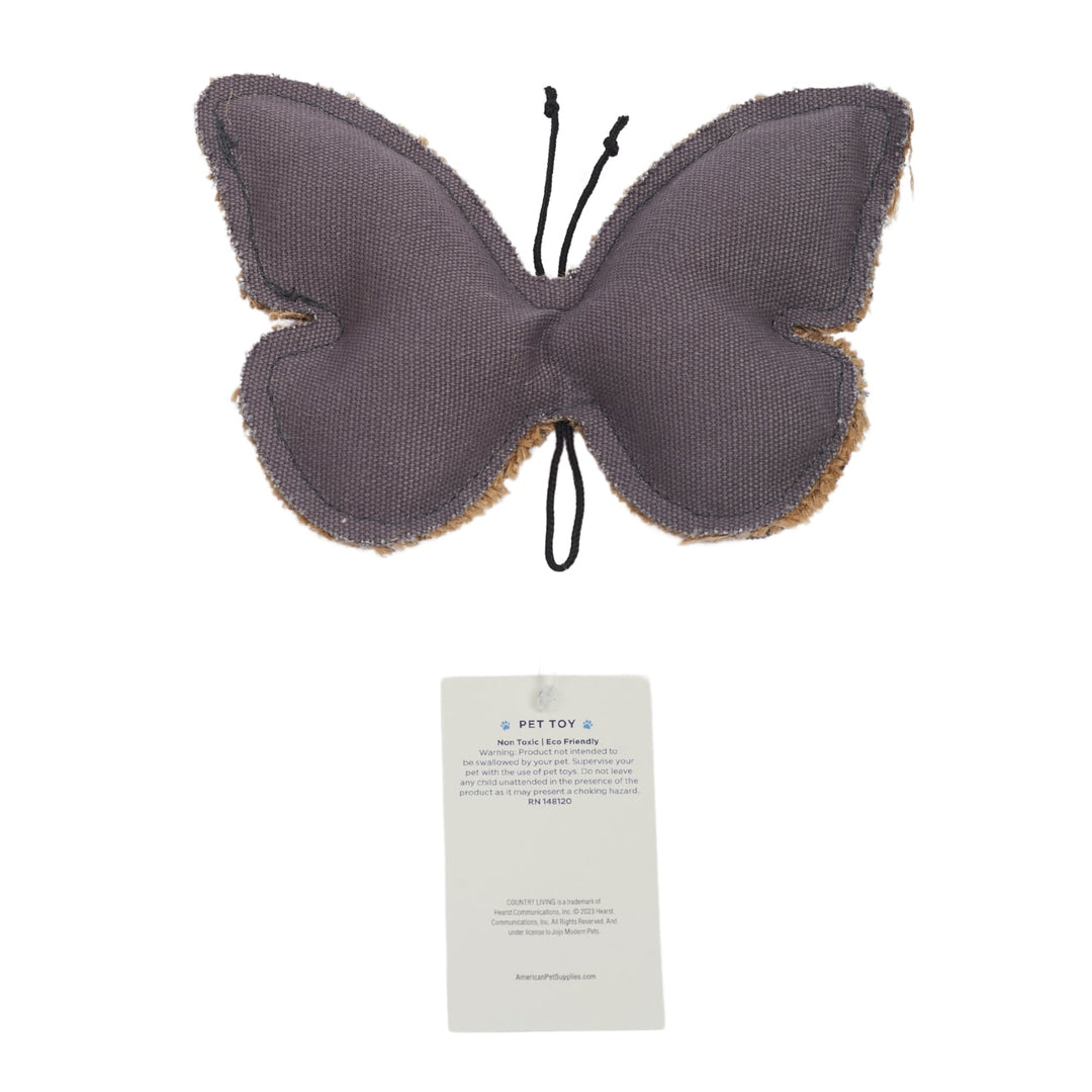 Butterfly-shaped dog chew toy with dark gray fabric wings and stitched body seam
