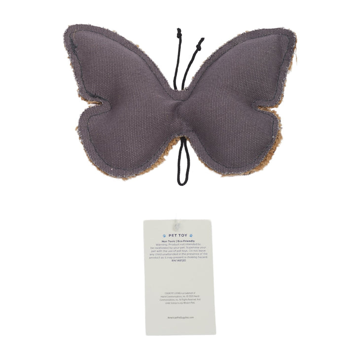 Butterfly-shaped dog chew toy with dark gray fabric wings and stitched body seam