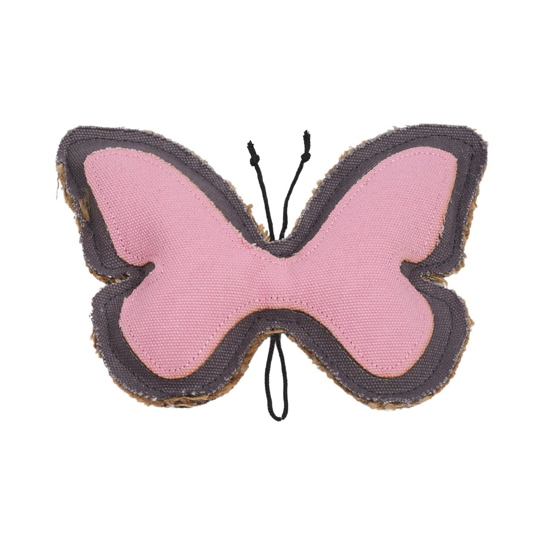 Butterfly-shaped dog chew toy with pink inner wings and dark stitched outer fabric