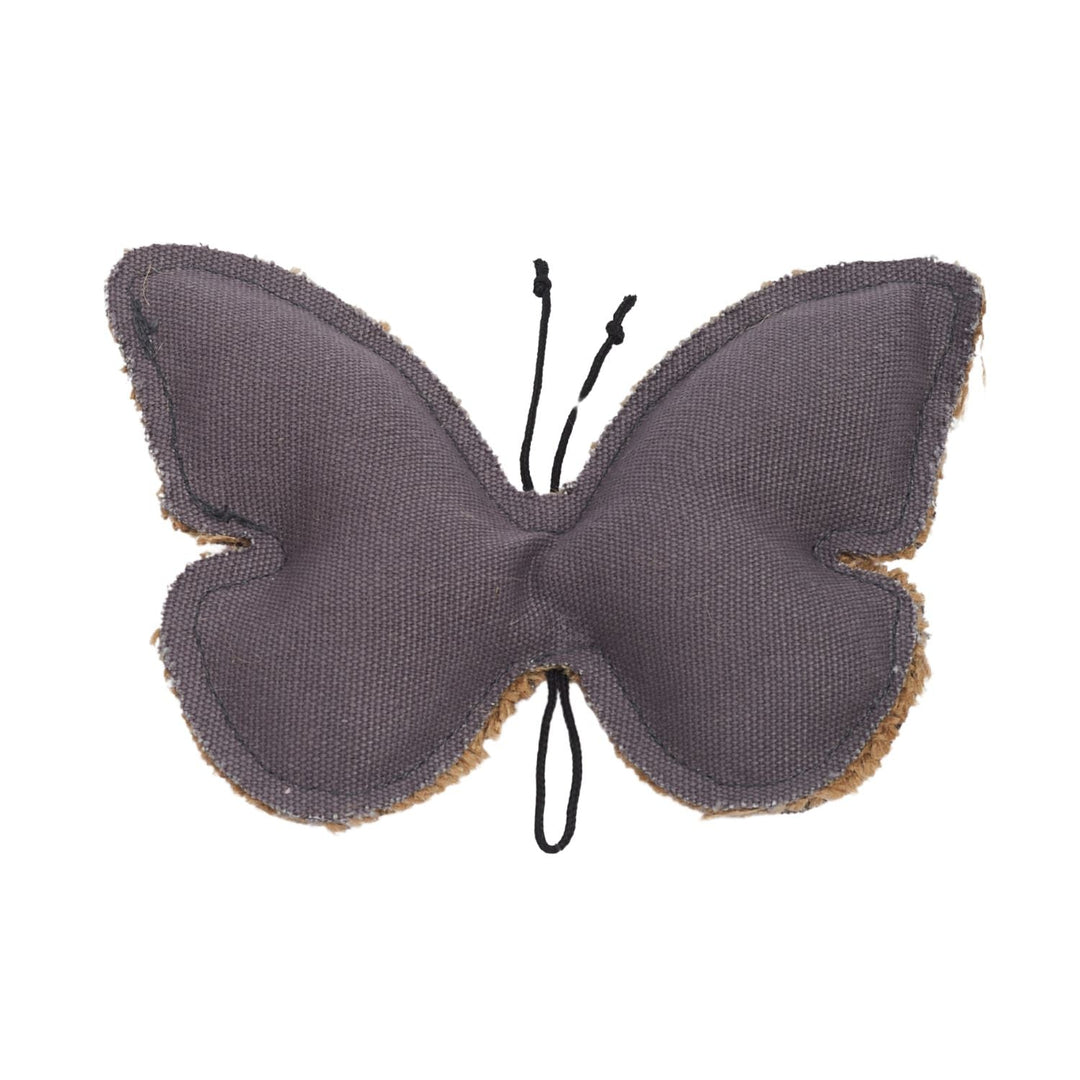 Butterfly-shaped dog chew toy with dark gray wings and looped string tail detail