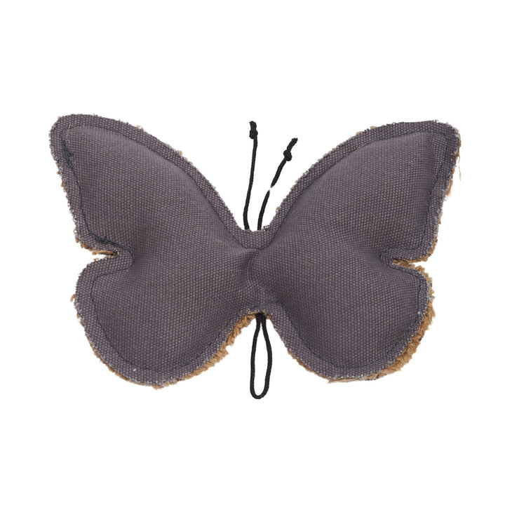 Butterfly-shaped dog chew toy with dark gray wings and looped string tail detail