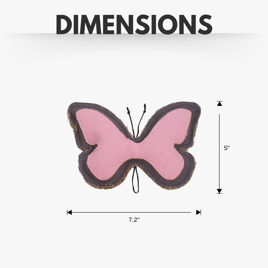 Butterfly-shaped dog chew toy showing pink wings with dark border and looped center cord