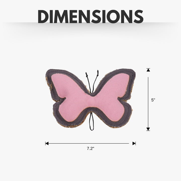 Butterfly-shaped dog chew toy showing pink wings with dark border and looped center cord