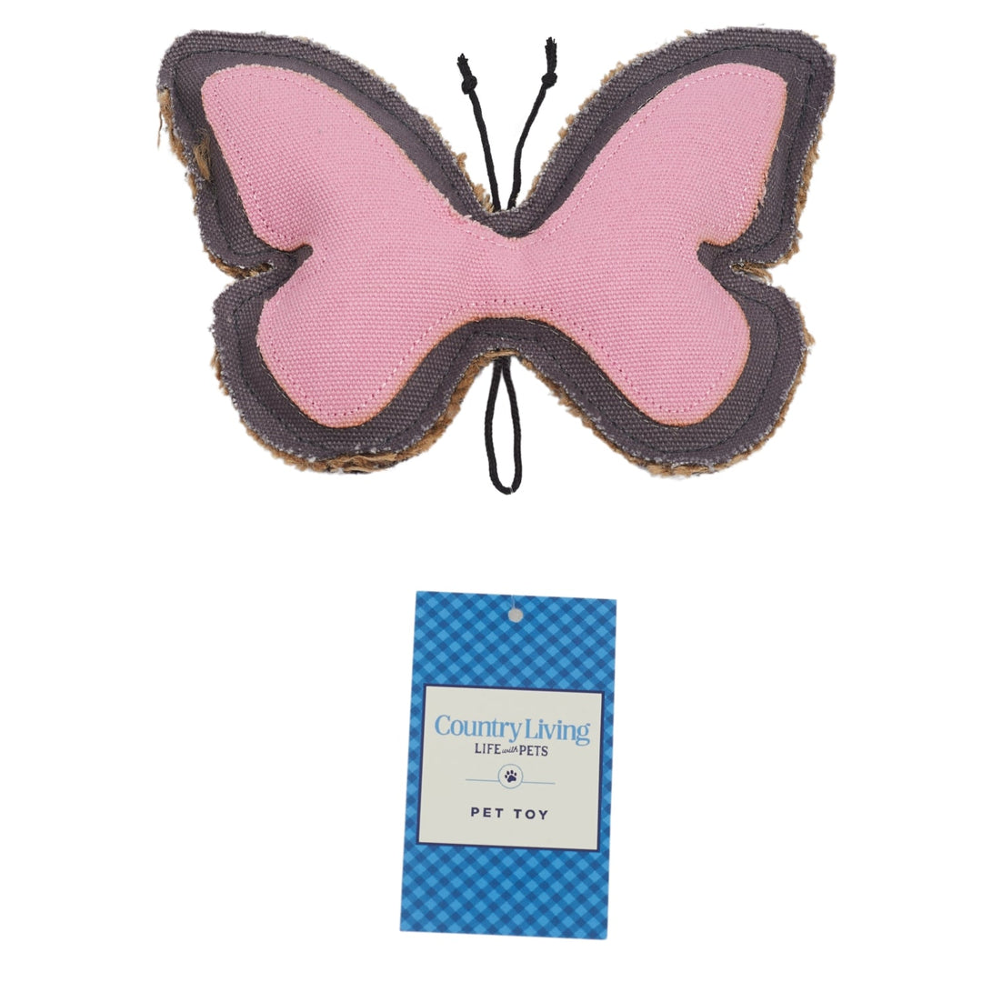 Butterfly-shaped dog chew toy with pink canvas wings and dark jute edge trim