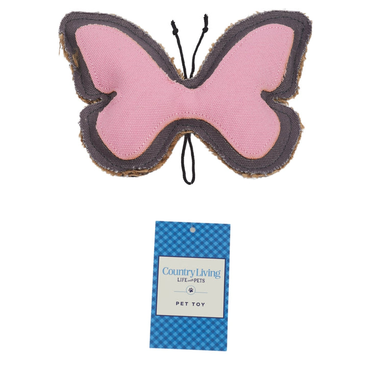 Butterfly-shaped dog chew toy with pink canvas wings and dark jute edge trim