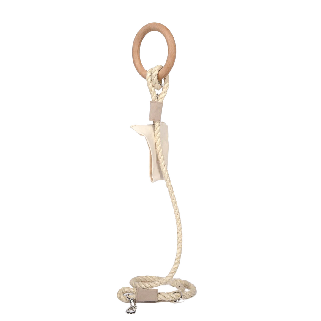 Dog leash with braided rope lead, tan canvas storage pocket and wooden ring loop
