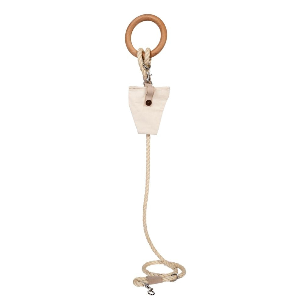 Dog leash with small canvas storage pouch, braided rope lead and wooden ring holder