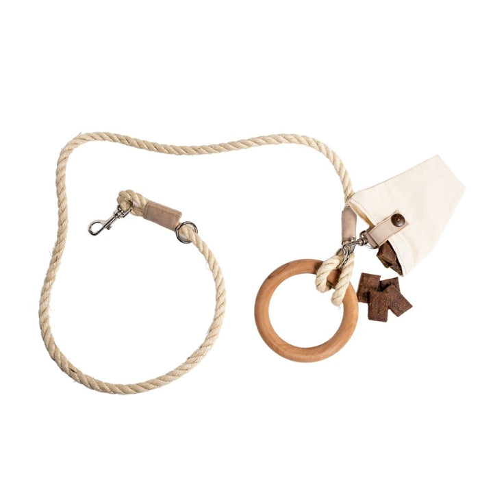 Dog leash set with braided rope leash and small canvas storage bag attached to ring
