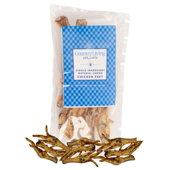 Chicken feet dog treats in clear pouch, single-ingredient natural chews