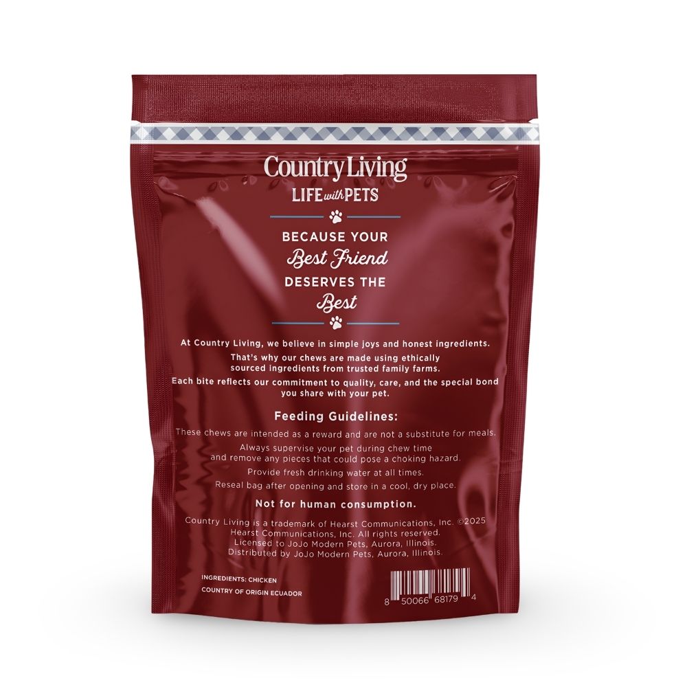 Country Living chicken sausage dog chews bag back, single ingredient, 15-count